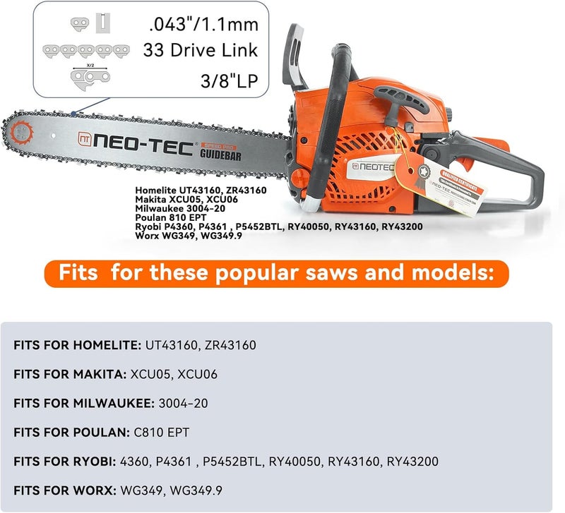 NEO-TEC 8 Inch Chainsaw Chain, 3/8"LP Pitch,0.043" Gauge 33 Drive Links R33 Chain Compatible with Makita Homelite 43160 Worx 349 Milwaukee 3004-20 4361 and more（3chains） - Image 4